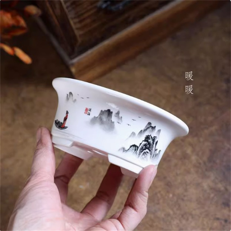 Bonsai Garden Chinese Garden - พอร์ซเลนสีขาวรูปไข่Bonsaiหม้อ,หม้อมินิ,รอบ,แจกันดอกไม้ขนาดเล็ก,ปลูกหอพัก,โต๊ะ,ตกแต่งสวน