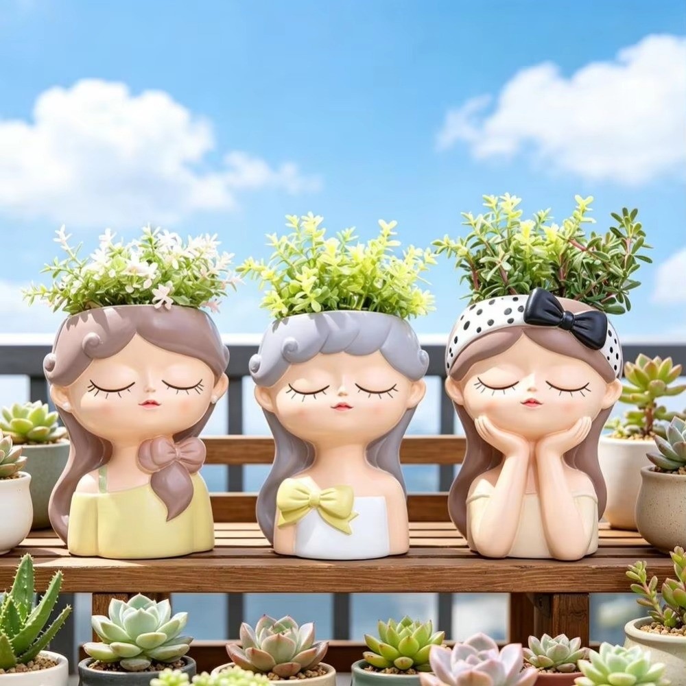 Bonsai Garden And Cafe - อุปกรณ์ทำสวน กระถางต้นไม้รูปหน้าเด็กผู้หญิงเรซิ่น สไตล์นอร์ดิก กระถางดอกไม้แฟนตาซีสมจริง แจกันบอนไซการ์ตูน สำหรับคาเฟ่